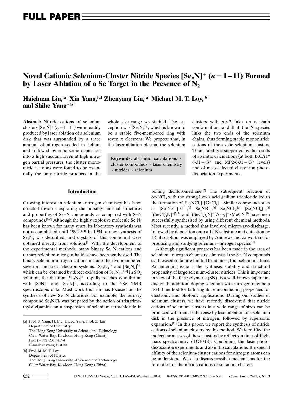 Novel Cationic Selenium-Cluster Nitride Species [SenN]+ (n=1-11) Formed by Laser Ablation of a Se Target in the Presence of N2 by Unknown