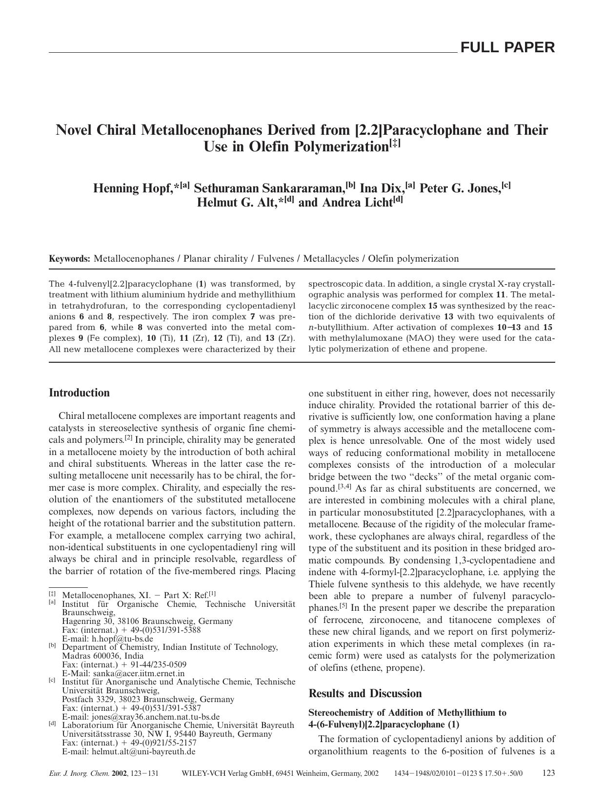 Novel Chiral Metallocenophanes Derived from [2.2]Paracyclophane and Their Use in Olefin Polymerization by Unknown