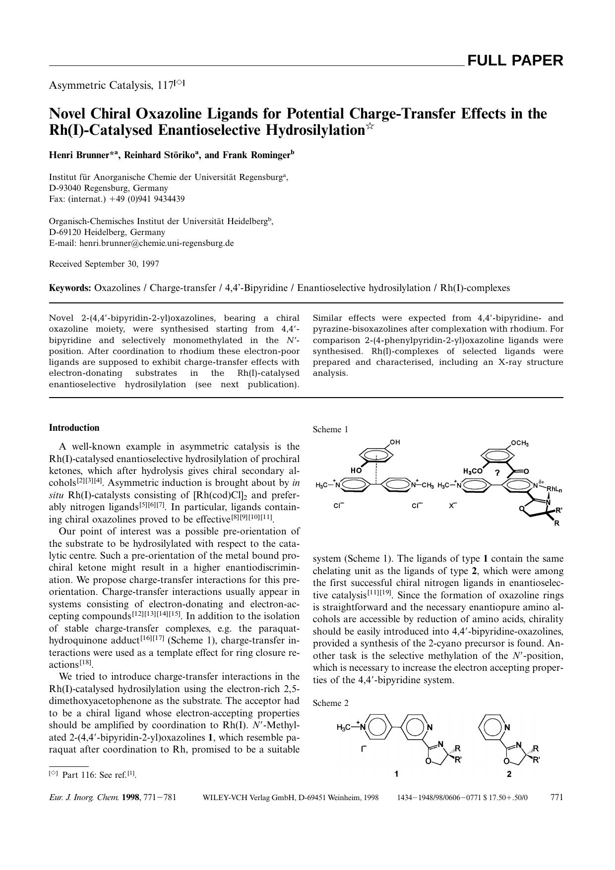 Novel Chiral Oxazoline Ligands for Potential Charge-Transfer Effects in the Rh(I)-Catalysed Enantioselective Hydrosilylation by Unknown