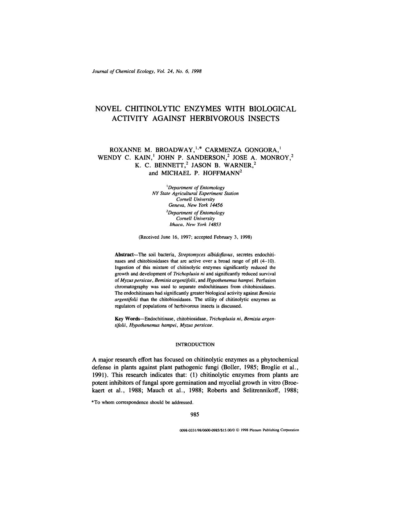 Novel Chitinolytic Enzymes with Biological Activity Against Herbivorous Insects by Unknown