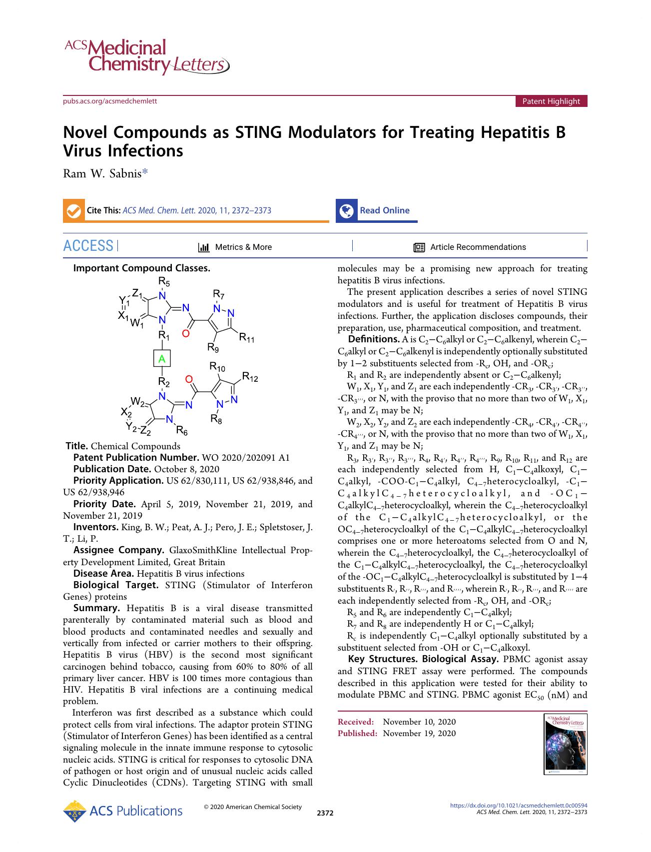 Novel Compounds as STING Modulators for Treating Hepatitis B Virus Infections by Ram W. Sabnis