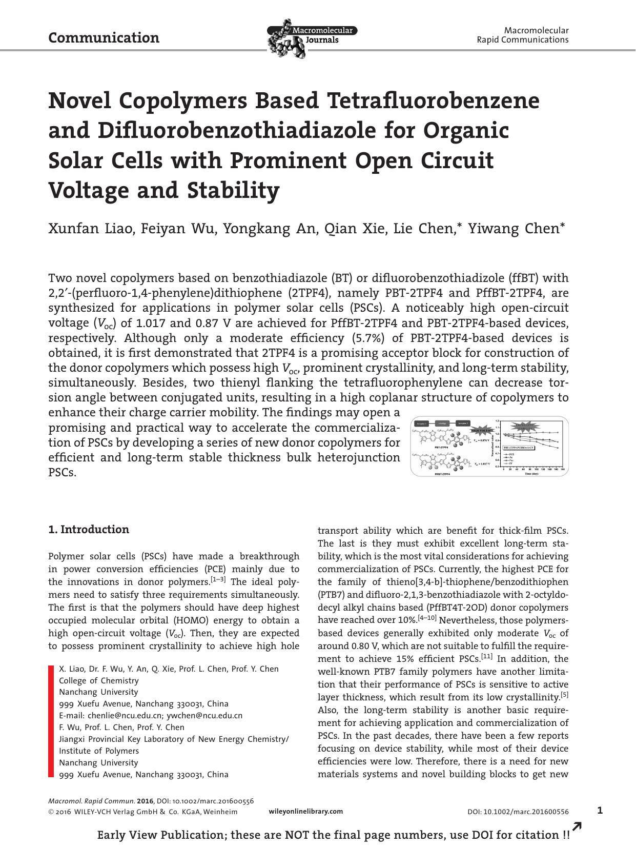 Novel Copolymers Based Tetrafluorobenzene and Difluorobenzothiadiazole for Organic Solar Cells with Prominent Open Circuit Voltage and Stability by Unknown