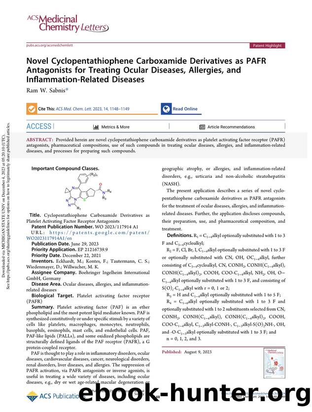 Novel Cyclopentathiophene Carboxamide Derivatives as PAFR Antagonists for Treating Ocular Diseases, Allergies, and Inflammation-Related Diseases by Ram W. Sabnis