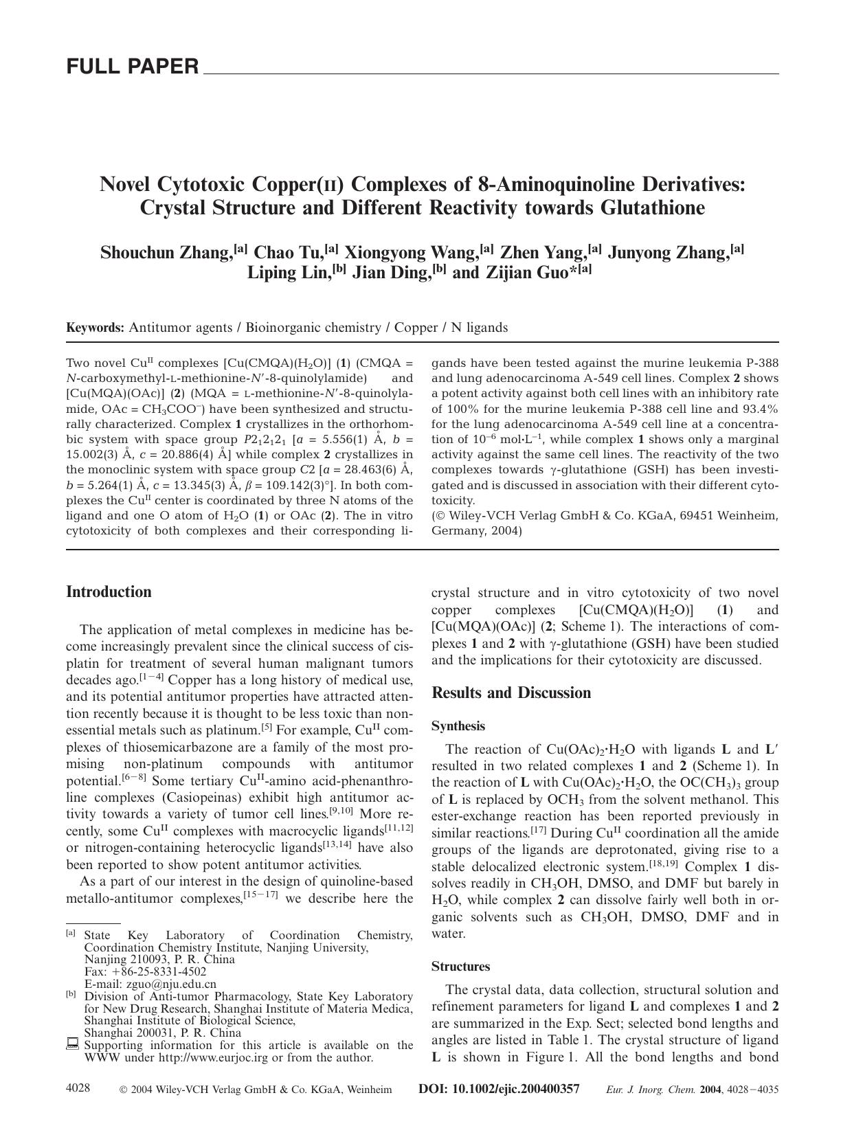 Novel Cytotoxic Copper(II) Complexes of 8-Aminoquinoline Derivatives: Crystal Structure and Different Reactivity towards Glutathione by Unknown
