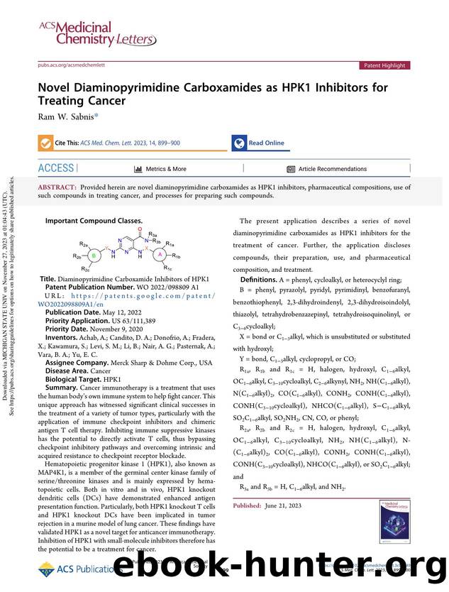 Novel Diaminopyrimidine Carboxamides as HPK1 Inhibitors for Treating Cancer by Ram W. Sabnis