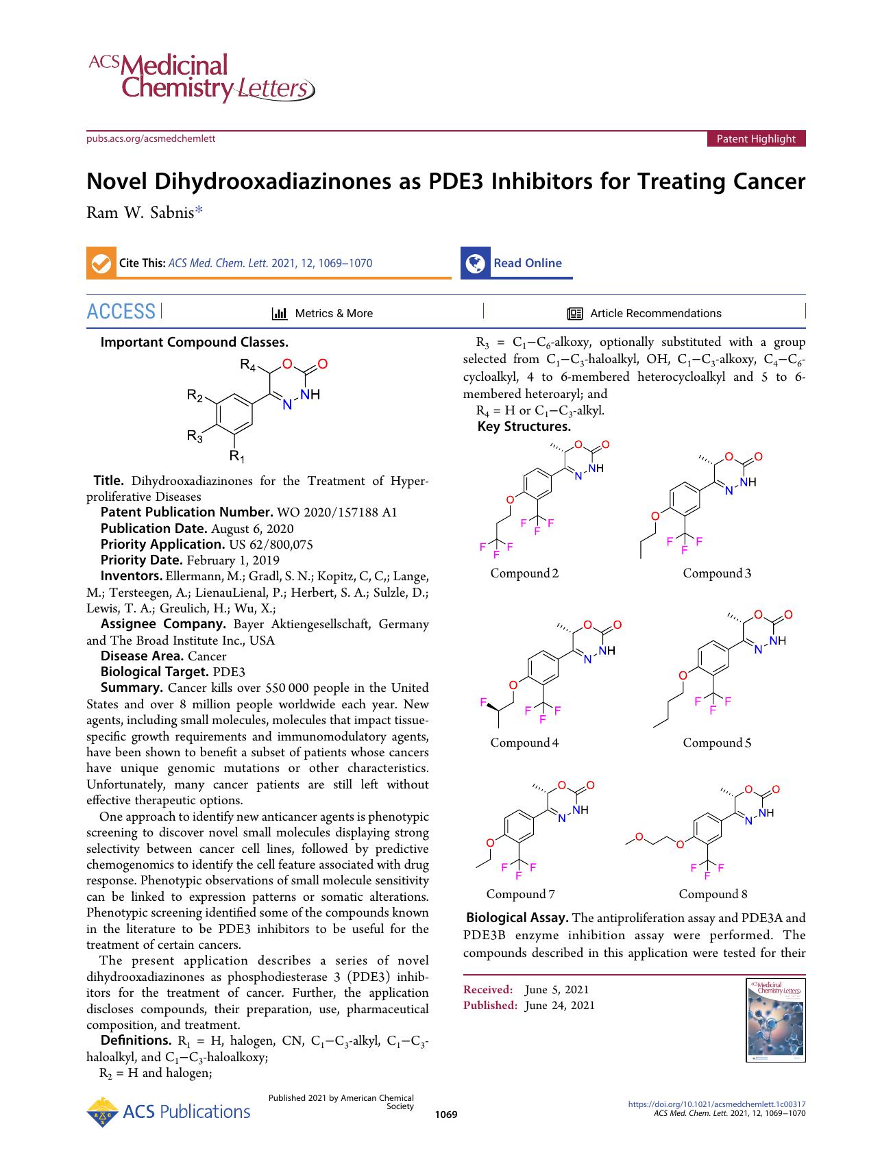 Novel Dihydrooxadiazinones as PDE3 Inhibitors for Treating Cancer by Ram W. Sabnis