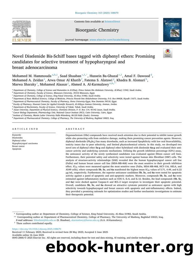 Novel Diselenide Bis-Schiff bases tagged with diphenyl ethers: Promising candidates for selective treatment of hypopharyngeal and breast adenocarcinoma by Mohamed M. Hammouda