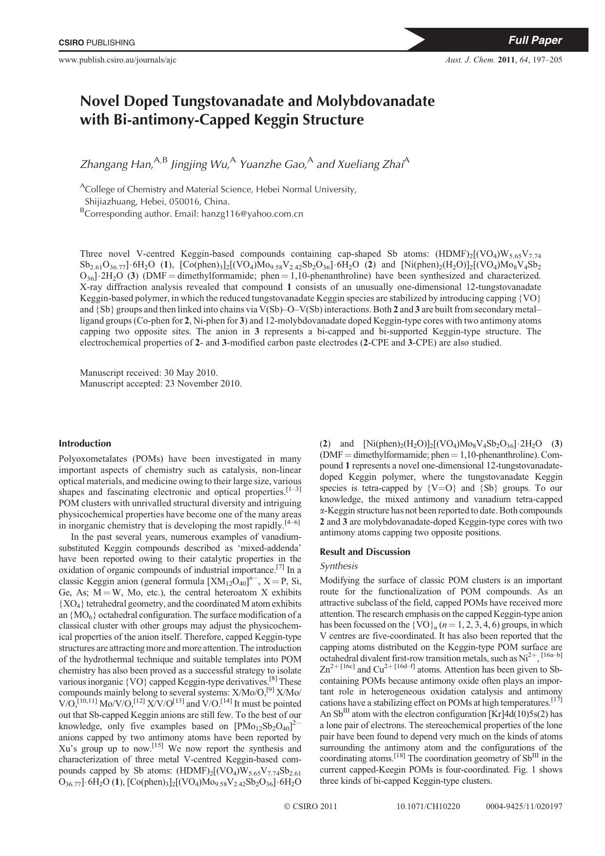 Novel Doped Tungstovanadate and Molybdovanadate with Bi-antimony-Capped Keggin Structure by Z. Han et al