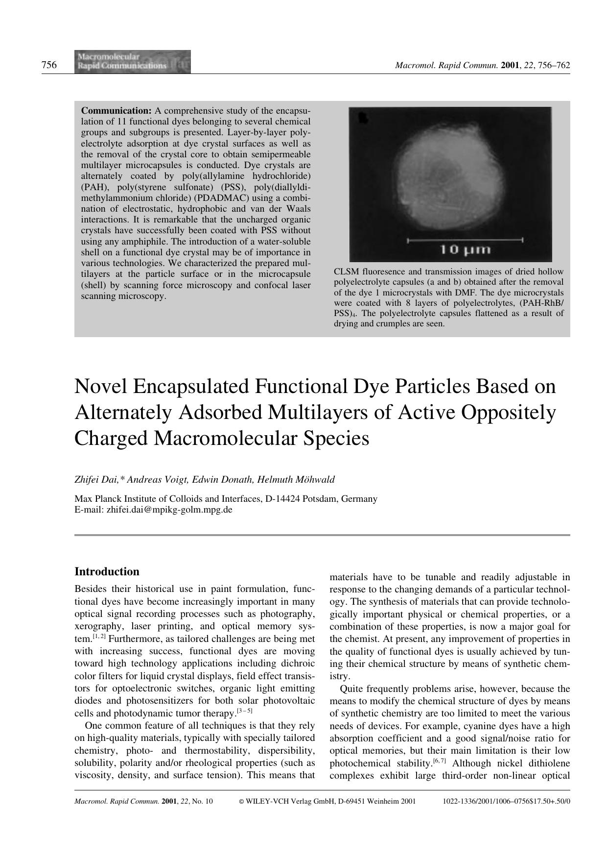Novel Encapsulated Functional Dye Particles Based on Alternately Adsorbed Multilayers of Active Oppositely Charged Macromolecular Species by Unknown