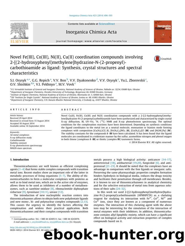 Novel Fe(III), Co(III), Ni(II), Cu(II) coordination compounds involving 2-[(2-hydroxyphenyl)methylene]hydrazine-N-(2-propenyl)-carbothioamide as ligand: Synthesis, crystal structur by unknow