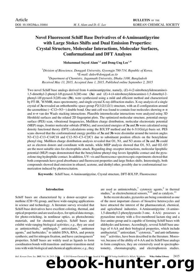Novel Fluorescent Schiff Base Derivatives of 4-Aminoantipyrine with Large Stokes Shifts and Dual Emission Properties: Crystal Structure, Molecular Interactions, Molecular Surfaces, by Unknown
