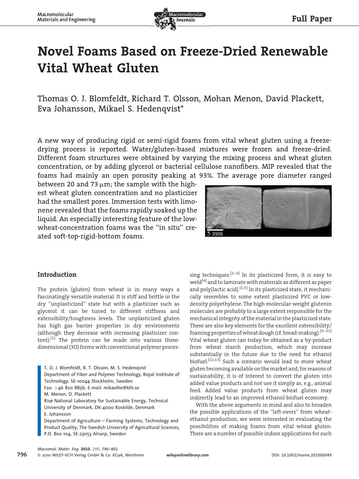 Novel Foams Based on FreezeDried Renewable Vital Wheat Gluten by Unknown