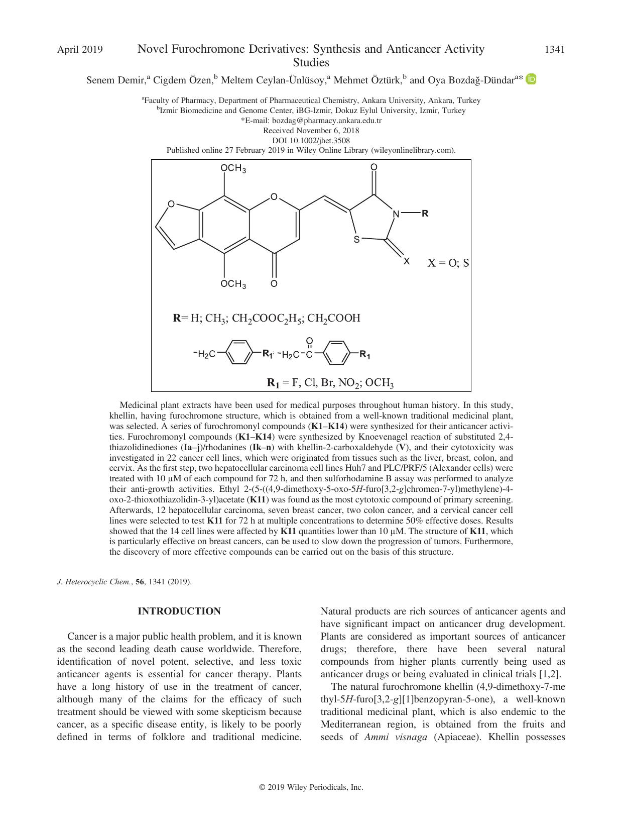 Novel Furochromone Derivatives: Synthesis and Anticancer Activity Studies by Senem Demir Cigdem Özen Meltem Ceylan-Ünlüsoy Mehmet Öztürk Oya Bozdağ-Dündar
