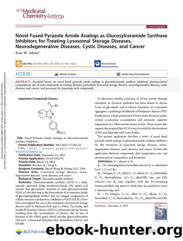 Novel Fused Pyrazole Amide Analogs as Glucosylceramide Synthase Inhibitors for Treating Lysosomal Storage Diseases, Neurodegenerative Diseases, Cystic Diseases, and Cancer by Ram W. Sabnis