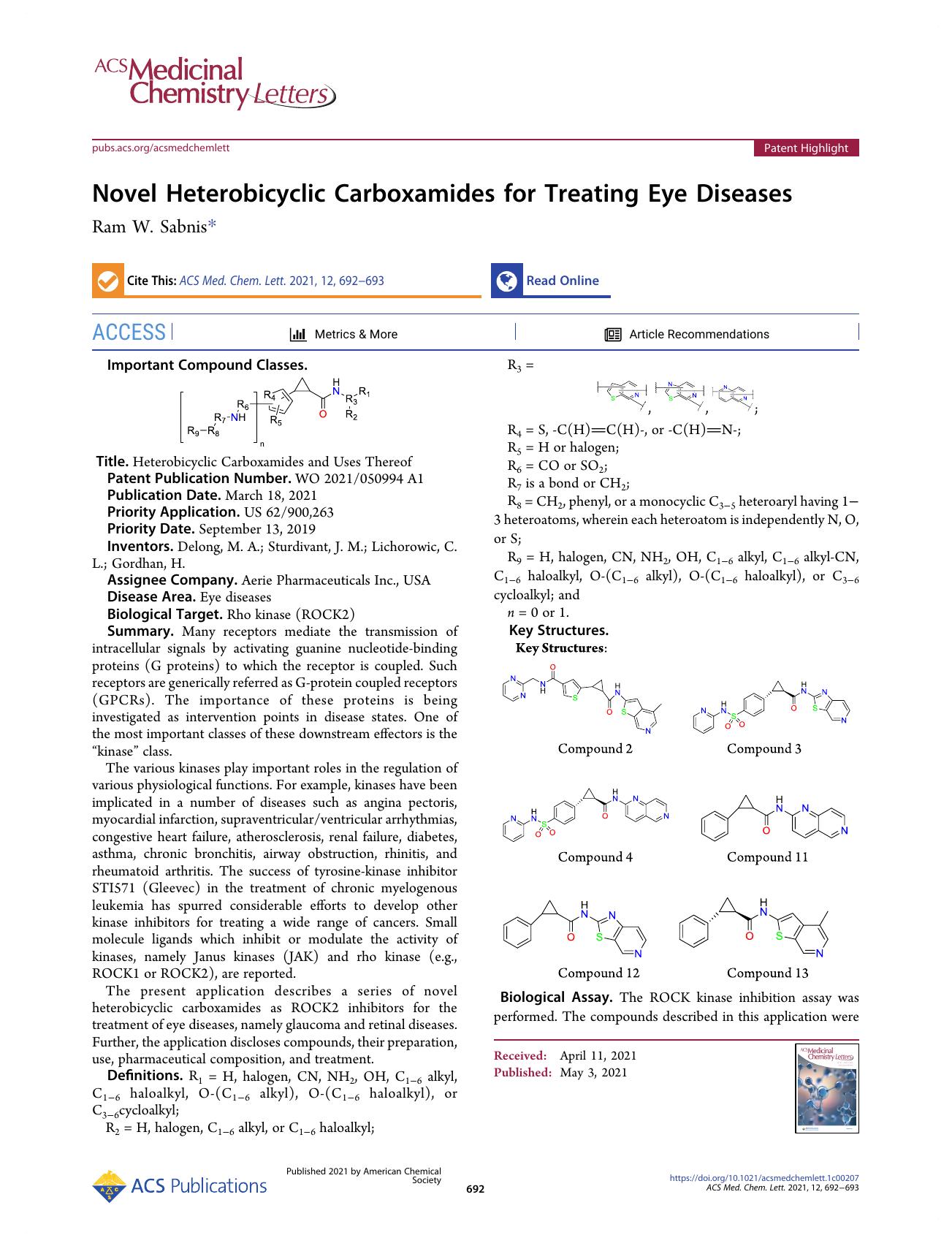 Novel Heterobicyclic Carboxamides for Treating Eye Diseases by Ram W. Sabnis