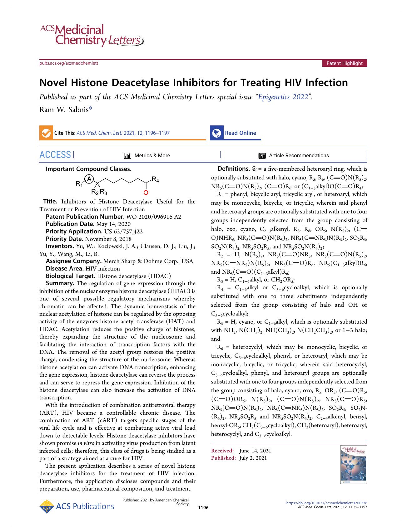 Novel Histone Deacetylase Inhibitors for Treating HIV Infection by Ram W. Sabnis