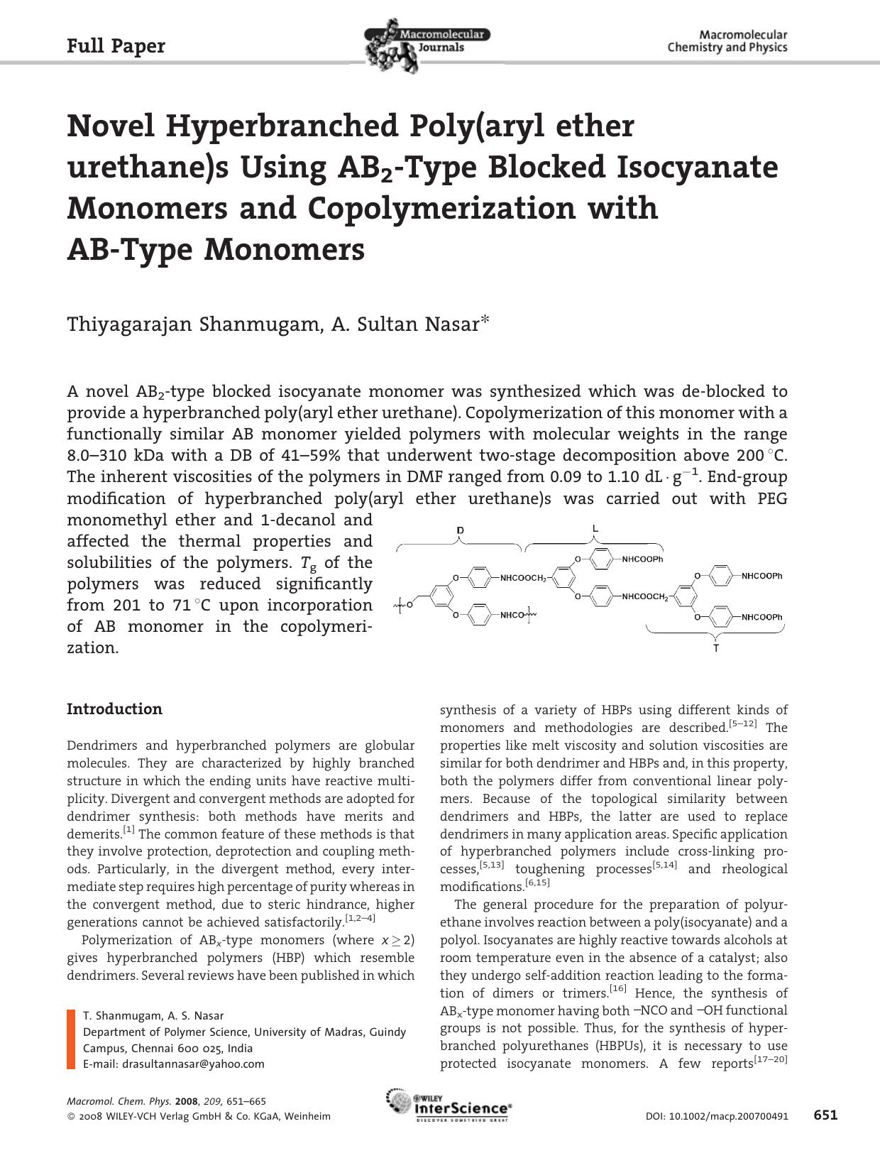 Novel Hyperbranched Poly(aryl ether urethane)s Using AB2-Type Blocked Isocyanate Monomers and Copolymerization with AB-Type Monomers by Unknown