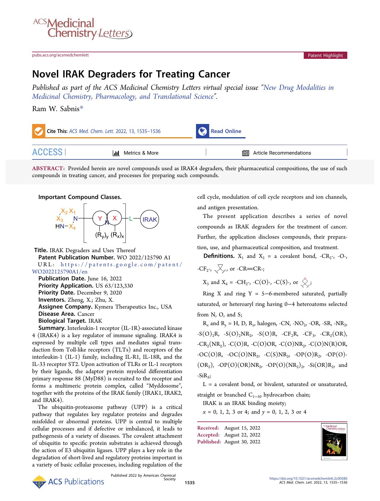 Novel IRAK Degraders for Treating Cancer by Ram W. Sabnis