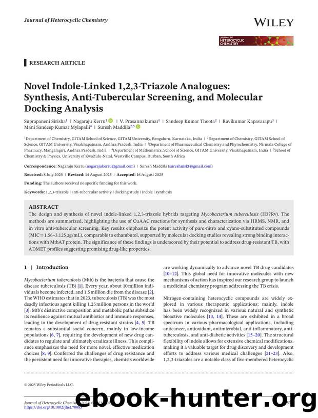Novel Indoleâlinked 1,2,3âTriazole Analogues: Synthesis, Antiâtubercular Screening, and Molecular Docking Analysis by Unknown