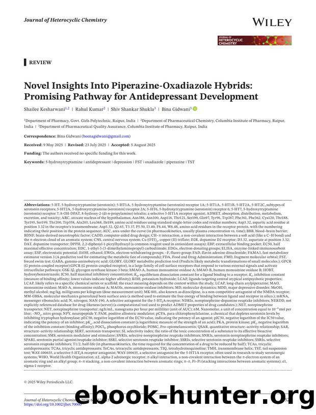 Novel Insights into PiperazineâOxadiazole Hybrids: Promising Pathway for Antidepressant Development by Unknown