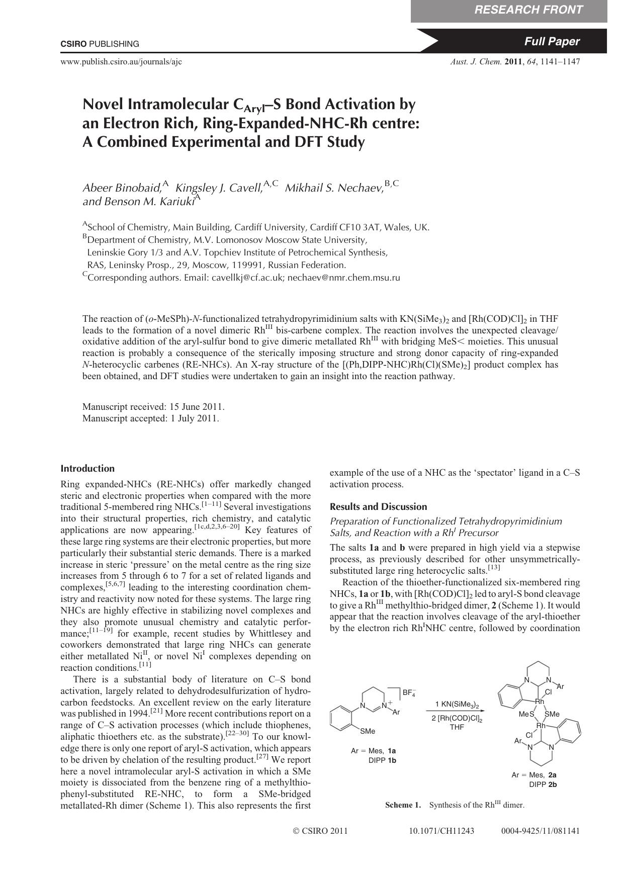 Novel Intramolecular CAryl-S Bond Activation by an Electron Rich, Ring-Expanded-NHC-Rh centre: A Combined Experimental and DFT Study by A. Binobaid et al