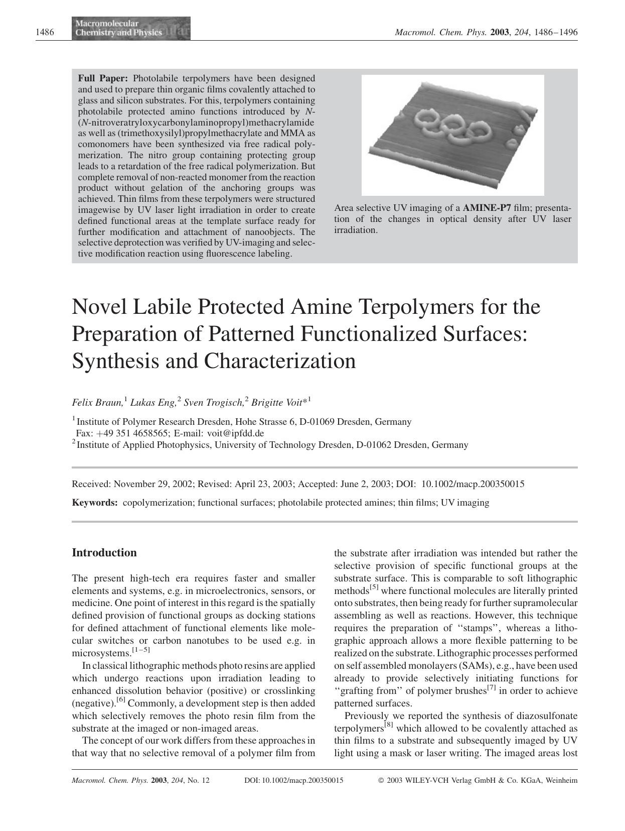 Novel Labile Protected Amine Terpolymers for the Preparation of Patterned Functionalized Surfaces: Synthesis and Characterization by Unknown