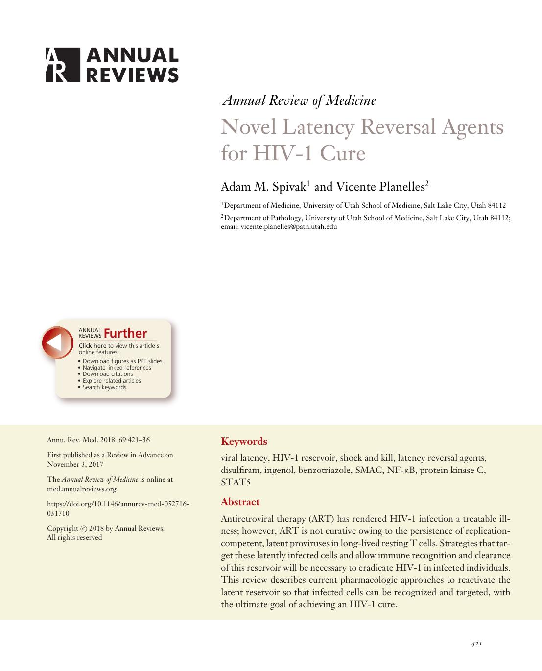 Novel Latency Reversal Agents for HIV-1 Cure by Adam M. Spivak and Vicente Planelles