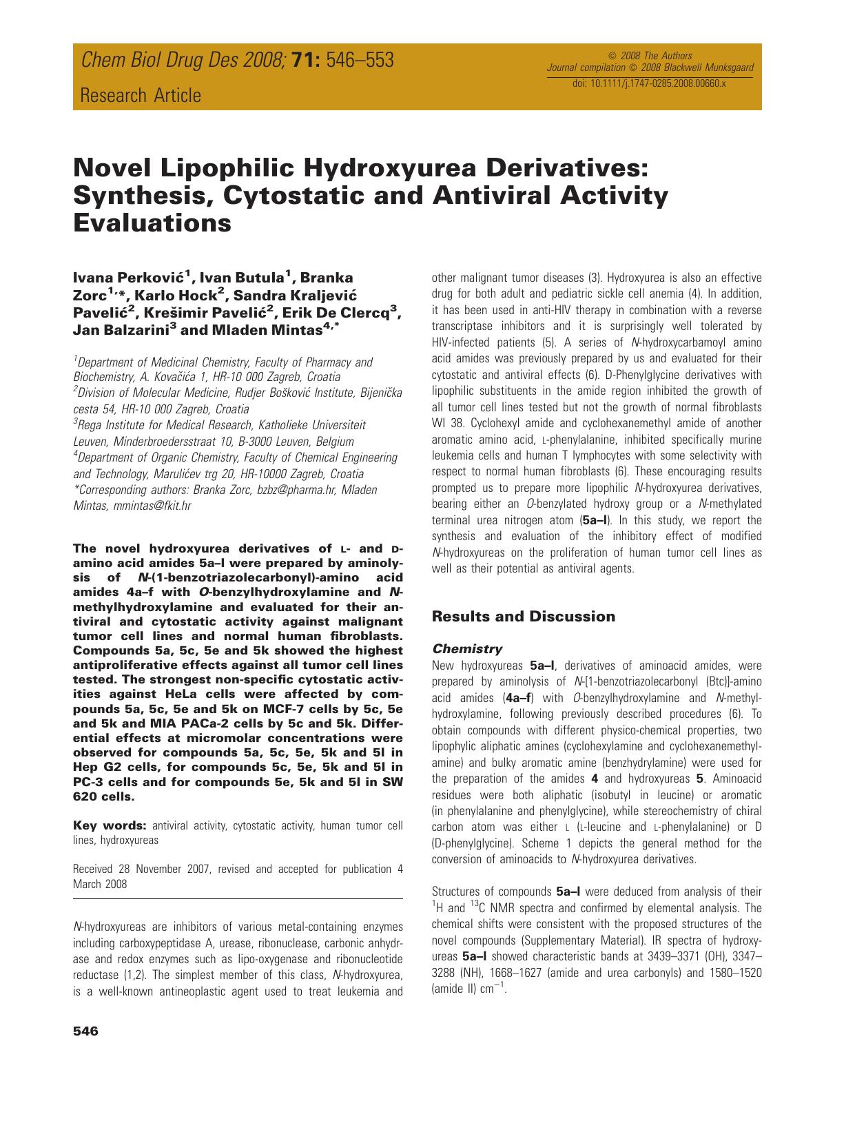 Novel Lipophilic Hydroxyurea Derivatives: Synthesis, Cytostatic and Antiviral Activity Evaluations by unknow