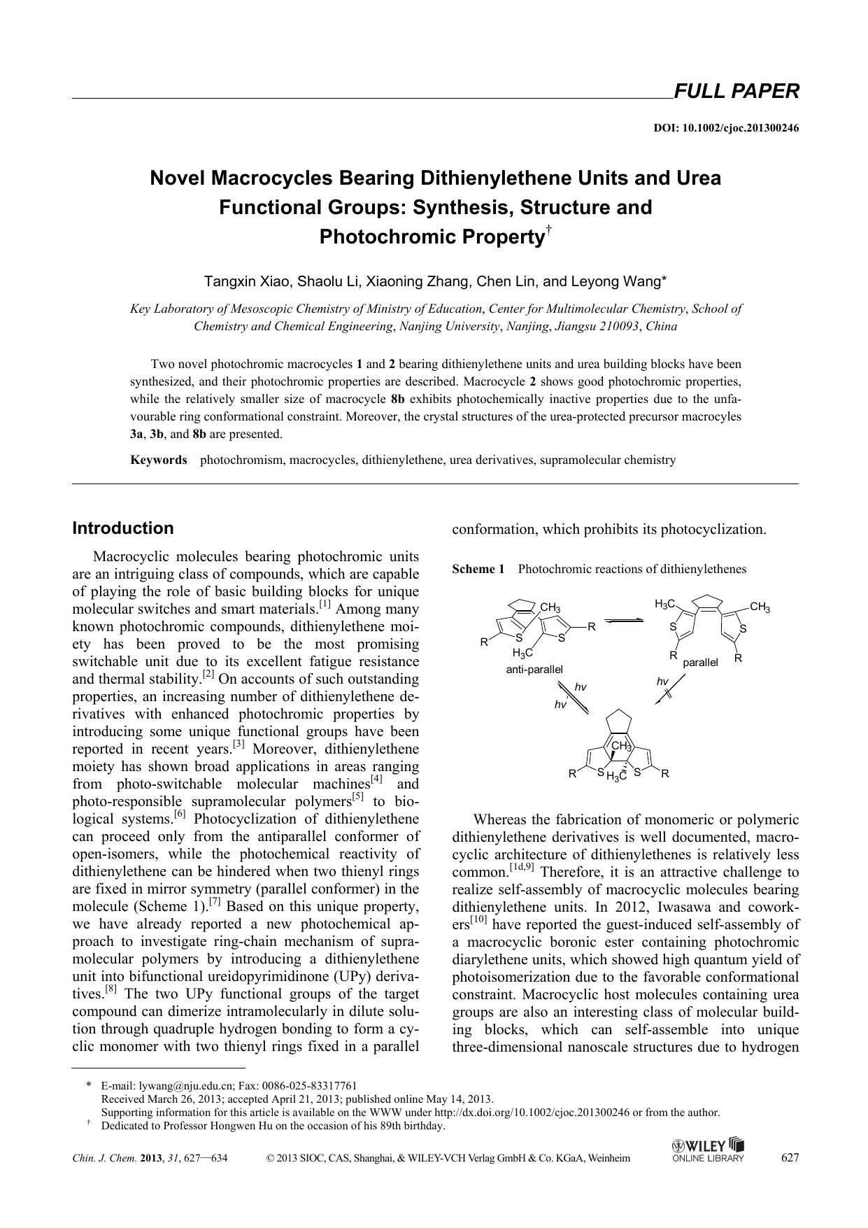 Novel Macrocycles Bearing Dithienylethene Units and Urea Functional Groups: Synthesis, Structure and Photochromic Property by Administrator