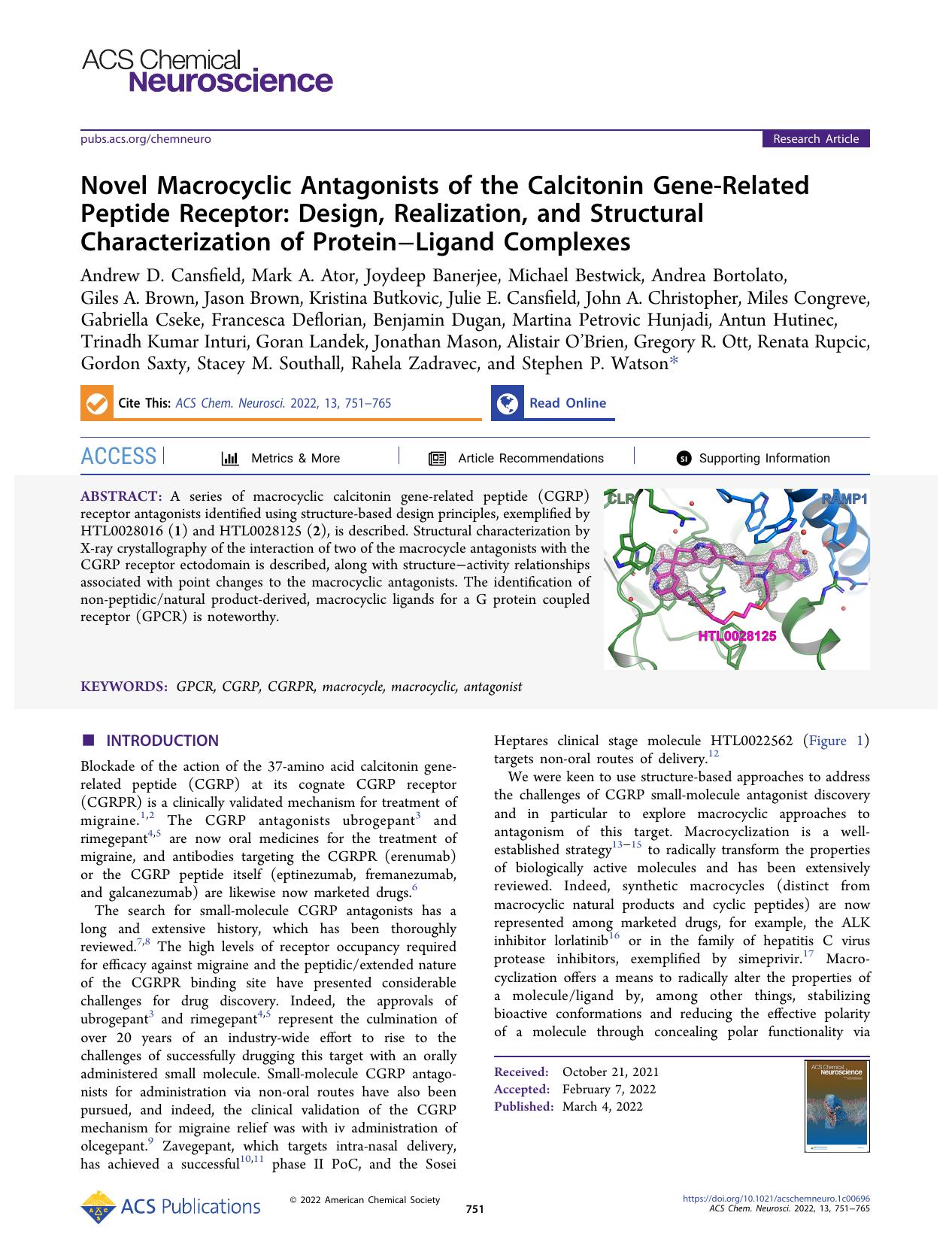 Novel Macrocyclic Antagonists of the Calcitonin Gene-Related Peptide Receptor: Design, Realization, and Structural Characterization of ProteinâLigand Complexes by unknow