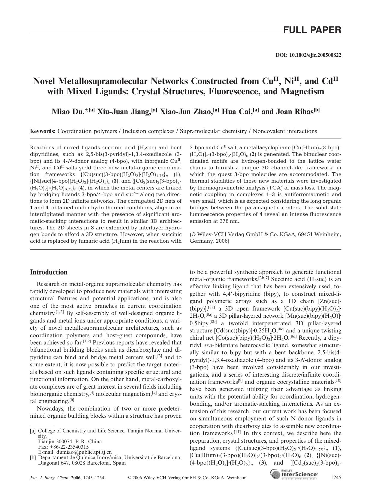 Novel Metallosupramolecular Networks Constructed from CuII, NiII, and CdII with Mixed Ligands: Crystal Structures, Fluorescence, and Magnetism by Unknown