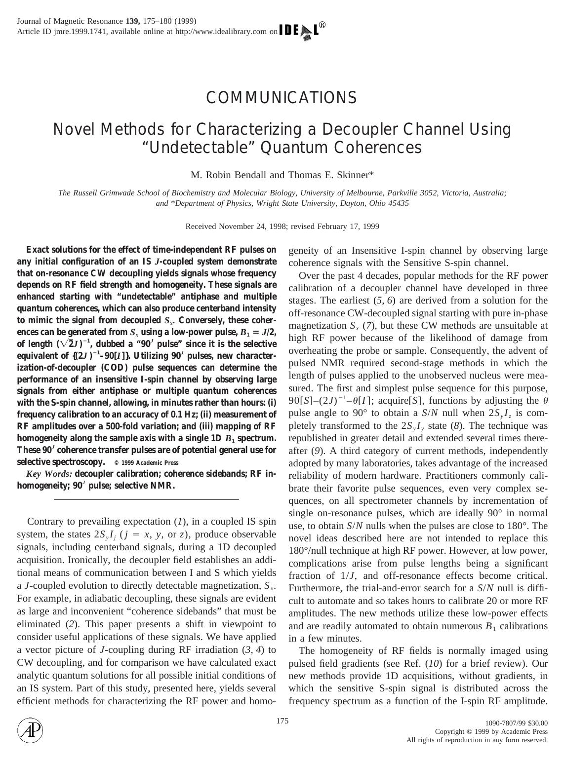 Novel Methods for Characterizing a Decoupler Channel Using "Undetectable" Quantum Coherences by Bendall M. Robin et al