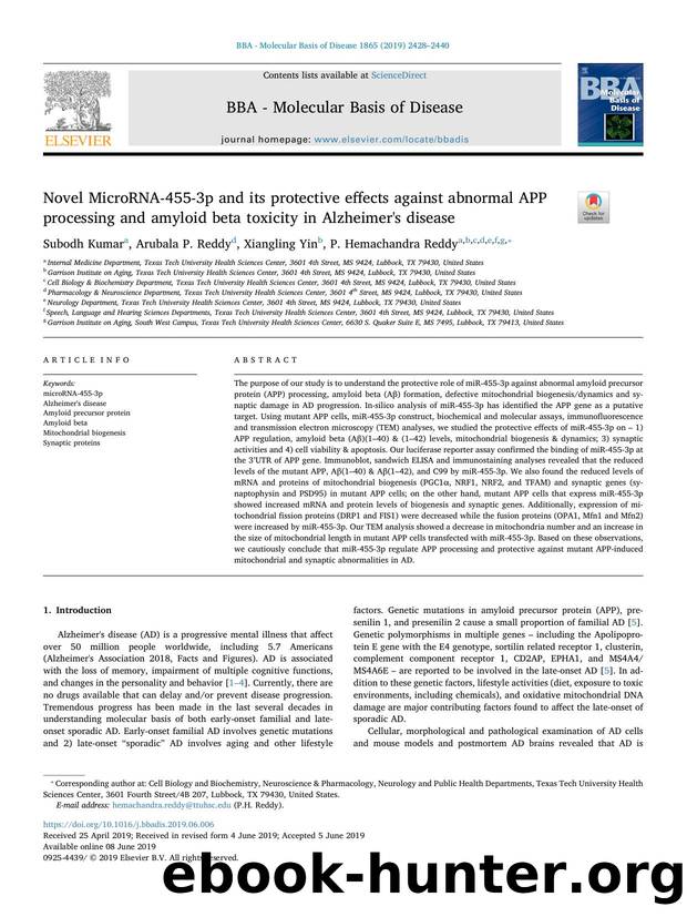 Novel MicroRNA-455-3p and its protective effects against abnormal APP processing and amyloid beta toxicity in Alzheimer's disease by Subodh Kumar & Arubala P. Reddy & Xiangling Yin & P. Hemachandra Reddy