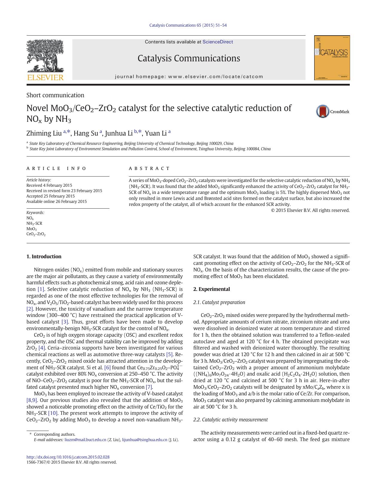 Novel MoO3CeO2âZrO2 catalyst for the selective catalytic reduction of NOx by NH3 by Zhiming Liu & Hang Su & Junhua Li & Yuan Li