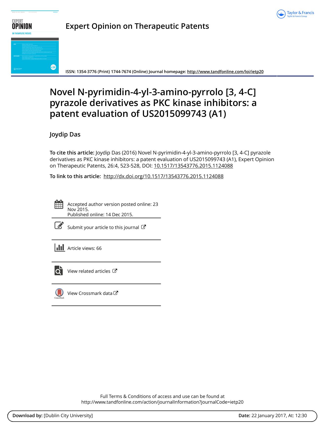 Novel N-pyrimidin-4-yl-3-amino-pyrrolo [3, 4-C] pyrazole derivatives as PKC kinase inhibitors: a patent evaluation of US2015099743 (A1) by Joydip Das