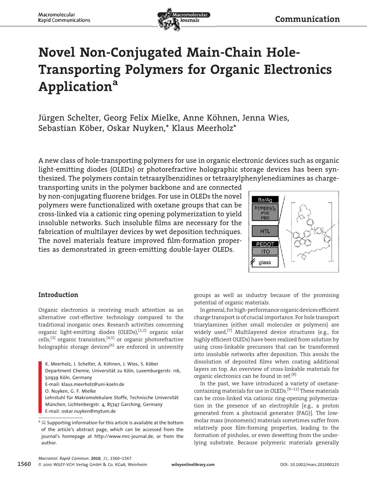 Novel NonConjugated MainChain HoleTransporting Polymers for Organic Electronics Application by Unknown