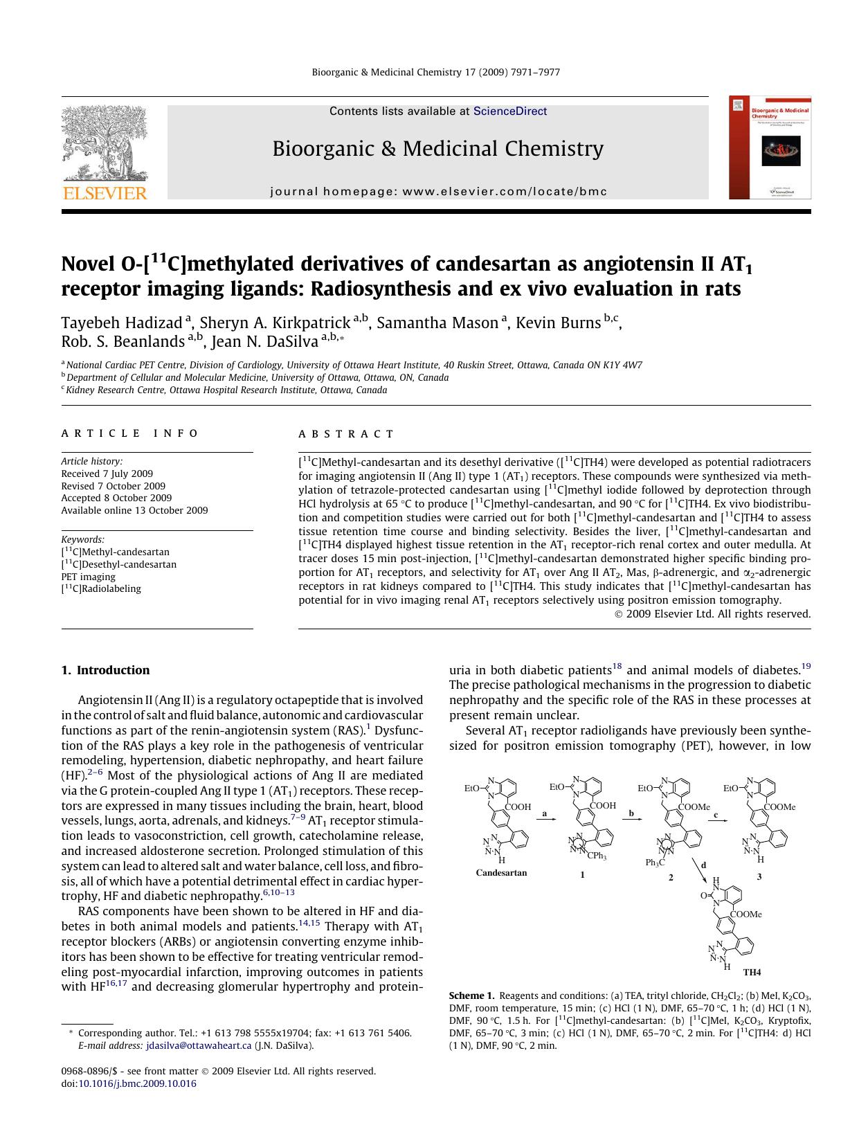 Novel O-[11C]methylated derivatives of candesartan as angiotensin II AT1 receptor imaging ligands: Radiosynthesis and ex vivo evaluation in rats by unknow