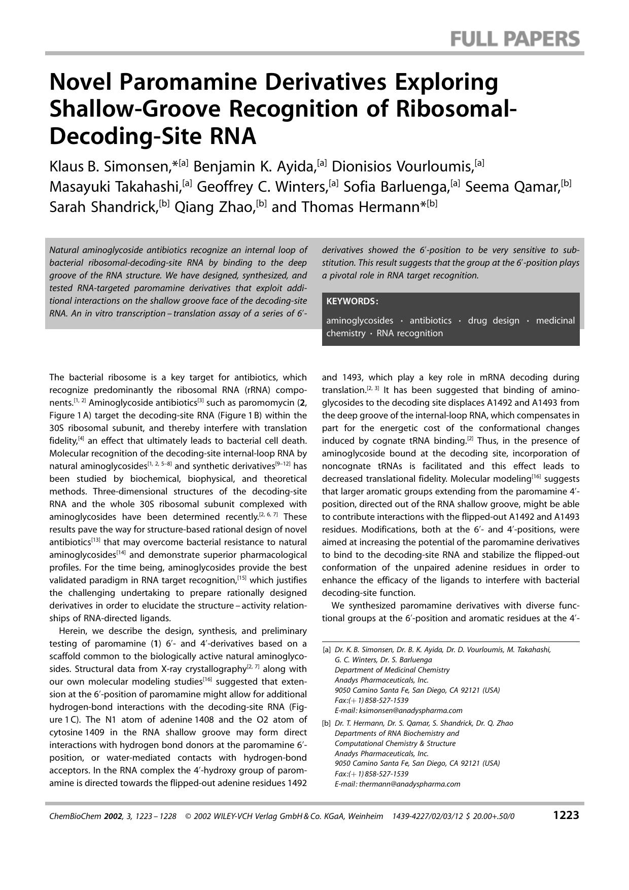 Novel Paromamine Derivatives Exploring Shallow-Groove Recognition of Ribosomal- Decoding-Site RNA by Unknown