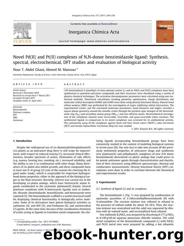 Novel Pd(II) and Pt(II) complexes of N,N-donor benzimidazole ligand: Synthesis, spectral, electrochemical, DFT studies and evaluation of biological activity by Nour T. Abdel Ghani & Ahmed M. Mansour