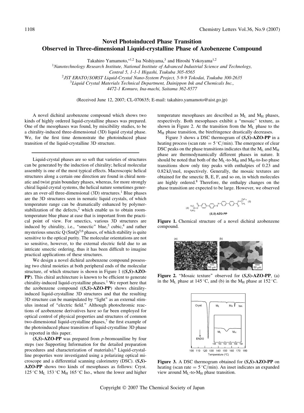 Novel Photoinduced Phase Transition Observed in Three-dimensional Liquid-crystalline Phase of Azobenzene Compound by Takahiro Yamamoto Isa Nishiyama and Hiroshi Yokoyama