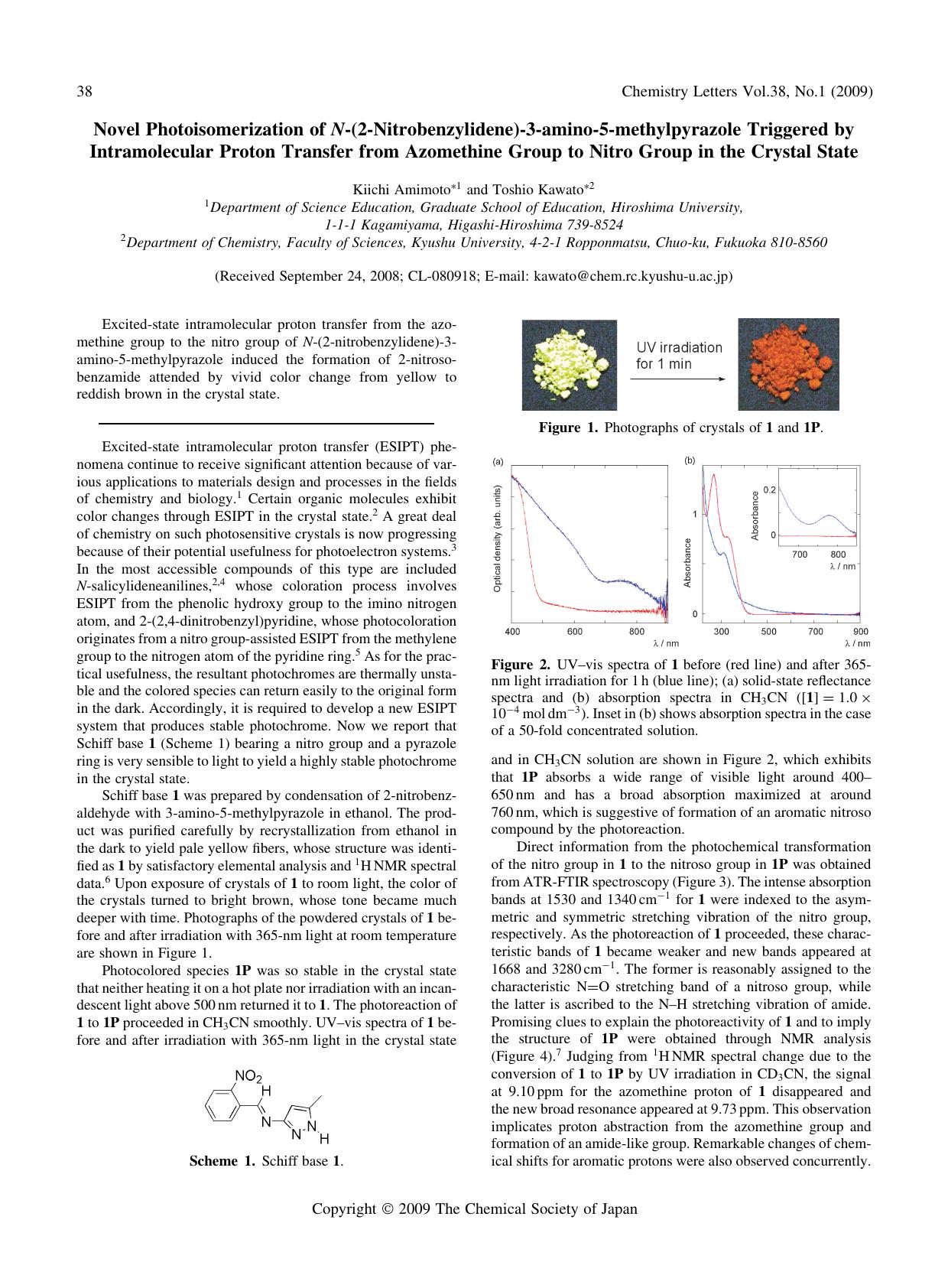Novel Photoisomerization of N-(2-Nitrobenzylidene)-3-amino-5-methylpyrazole Triggered by Intramolecular Proton Transfer from Azomethine Group to Nitro Group in the Crystal State by Kiichi Amimoto & Toshio Kawato