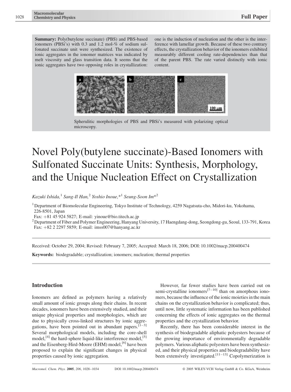 Novel Poly(butylene succinate)-Based Ionomers with Sulfonated Succinate Units: Synthesis, Morphology, and the Unique Nucleation Effect on Crystallization by Unknown