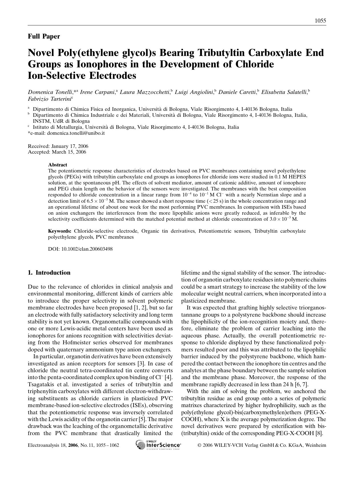 Novel Poly(ethylene glycol)s Bearing Tributyltin Carboxylate End Groups as Ionophores in the Development of Chloride Ion-Selective Electrodes by Unknown