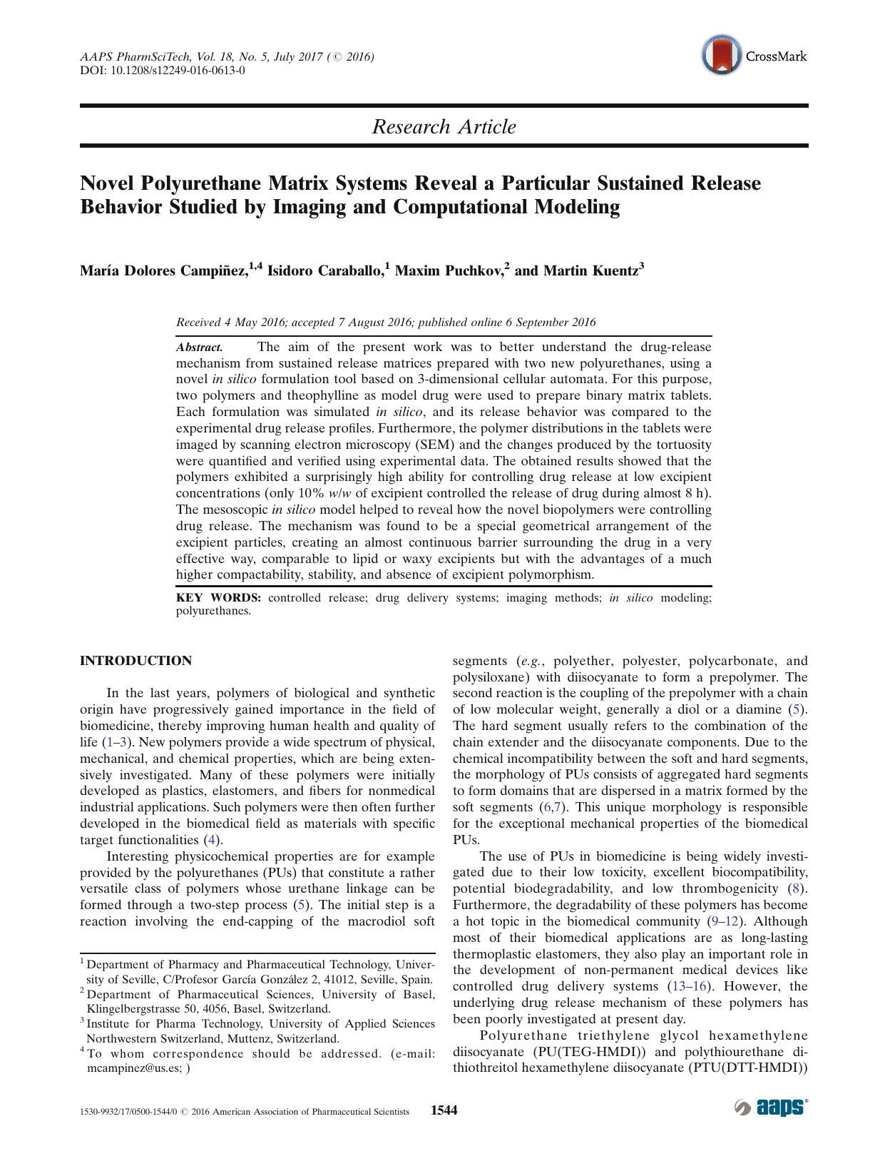 Novel Polyurethane Matrix Systems Reveal a Particular Sustained Release Behavior Studied by Imaging and Computational Modeling by María Dolores Campiñez & Isidoro Caraballo & Maxim Puchkov & Martin Kuentz
