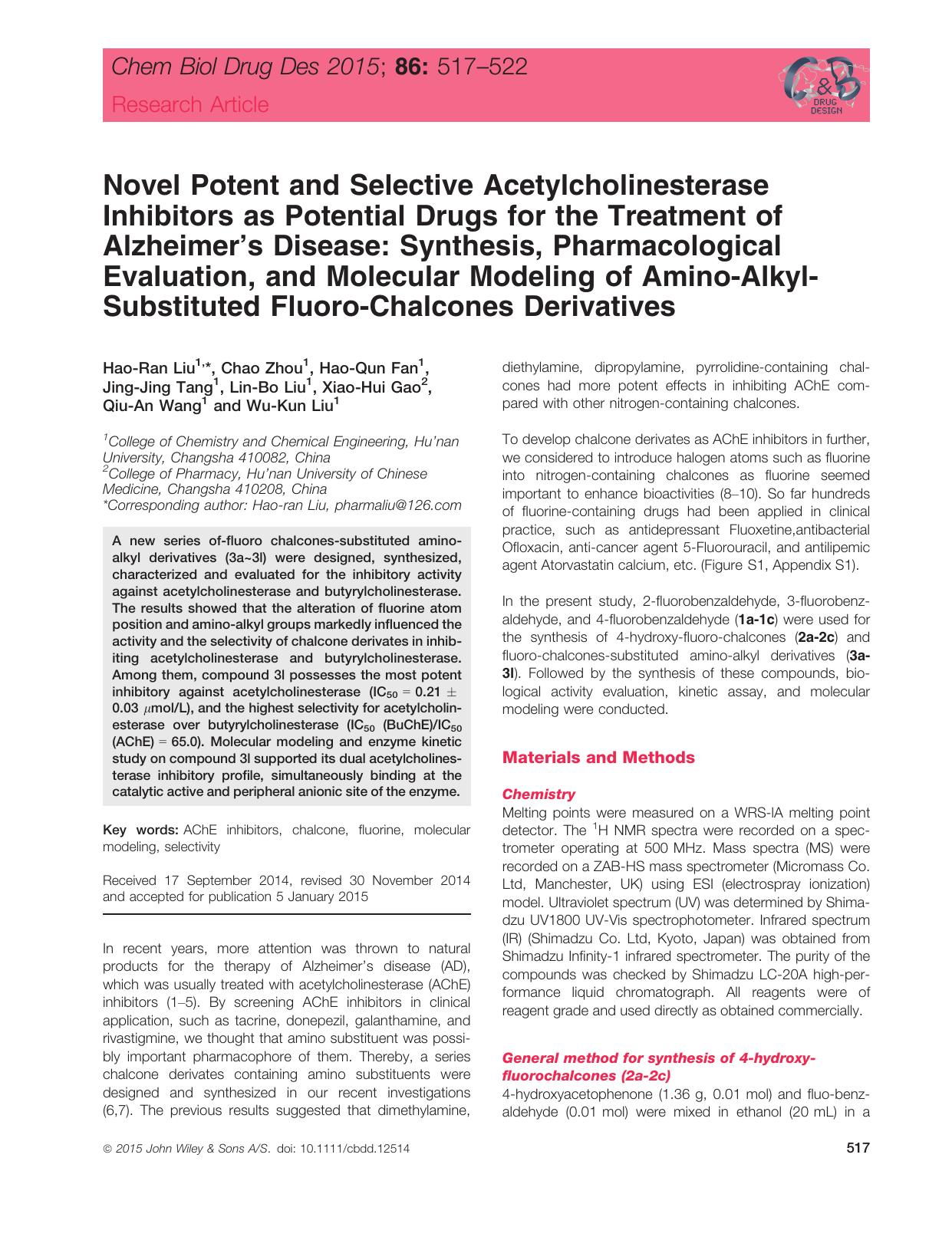 Novel Potent and Selective Acetylcholinesterase Inhibitors as Potential Drugs for the Treatment of Alzheimer's Disease: Synthesis, Pharmacological Evaluation, and Molecular by unknow