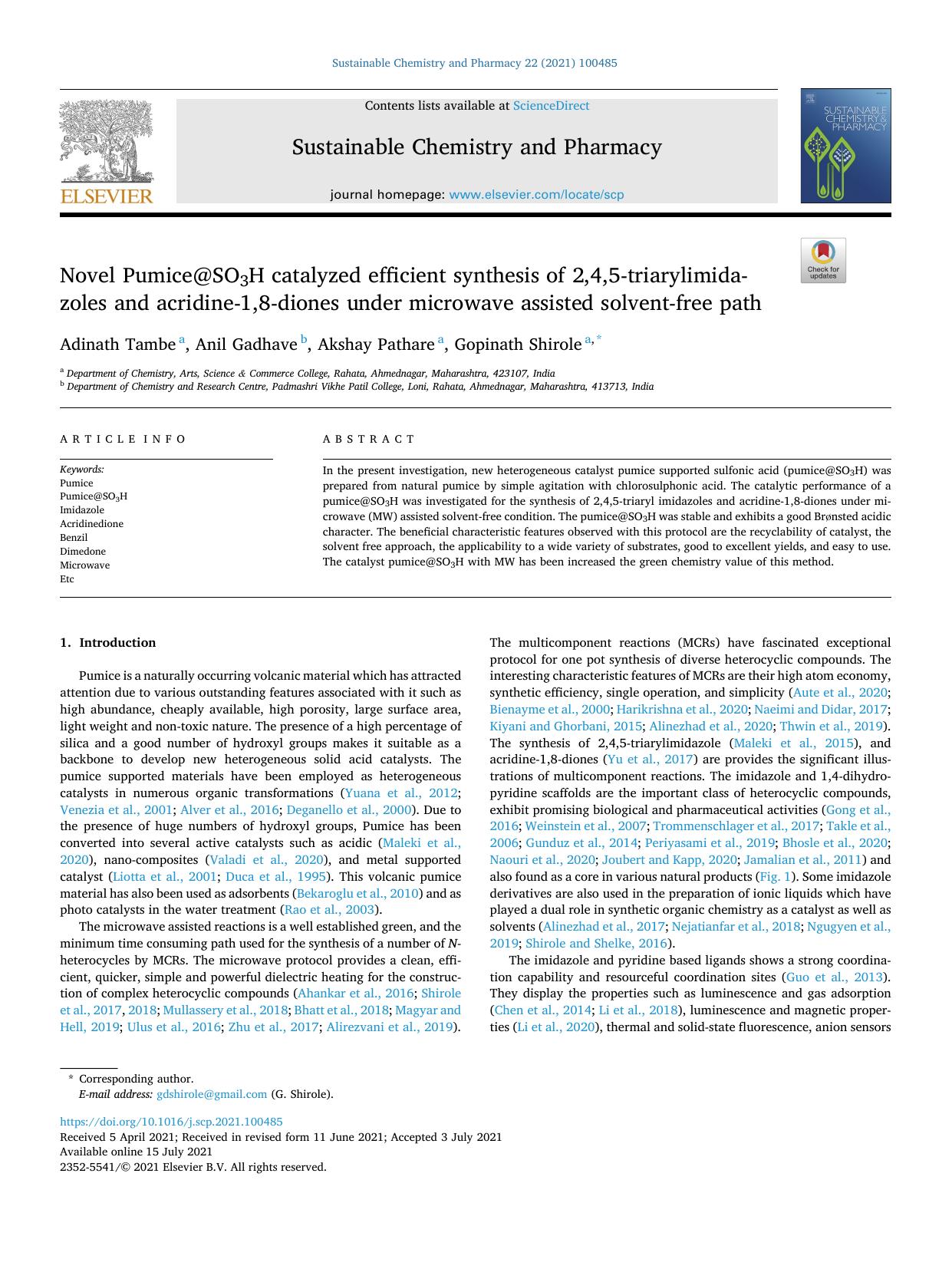 Novel Pumice@SO3H catalyzed efficient synthesis of 2,4,5-triarylimidazoles and acridine-1,8-diones under microwave assisted solvent-free path by Adinath Tambe & Anil Gadhave & Akshay Pathare & Gopinath Shirole