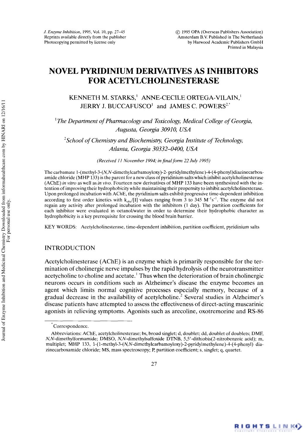 Novel Pyridinium Derivatives as Inhibitors for Acetylcholinesterase by Kenneth M. Starks Anne-Cecile Ortega-Vilain Jerry J. Buccafusco & James C. Powers