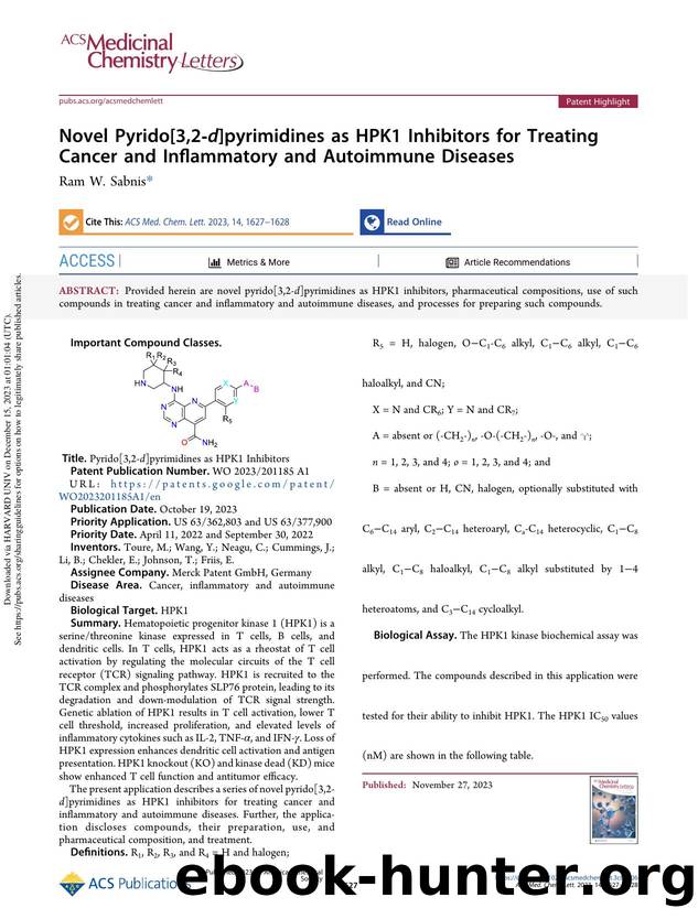 Novel Pyrido[3,2-d]pyrimidines as HPK1 Inhibitors for Treating Cancer and Inflammatory and Autoimmune Diseases by Ram W. Sabnis