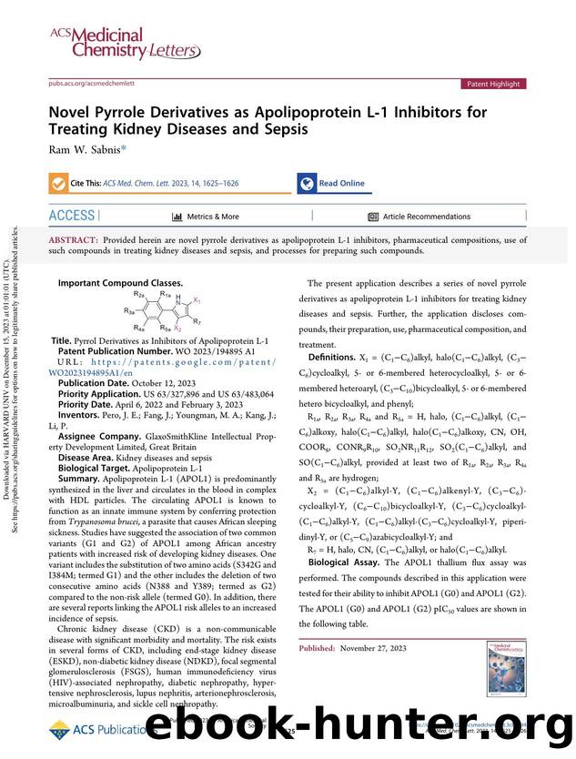 Novel Pyrrole Derivatives as Apolipoprotein L-1 Inhibitors for Treating Kidney Diseases and Sepsis by Ram W. Sabnis