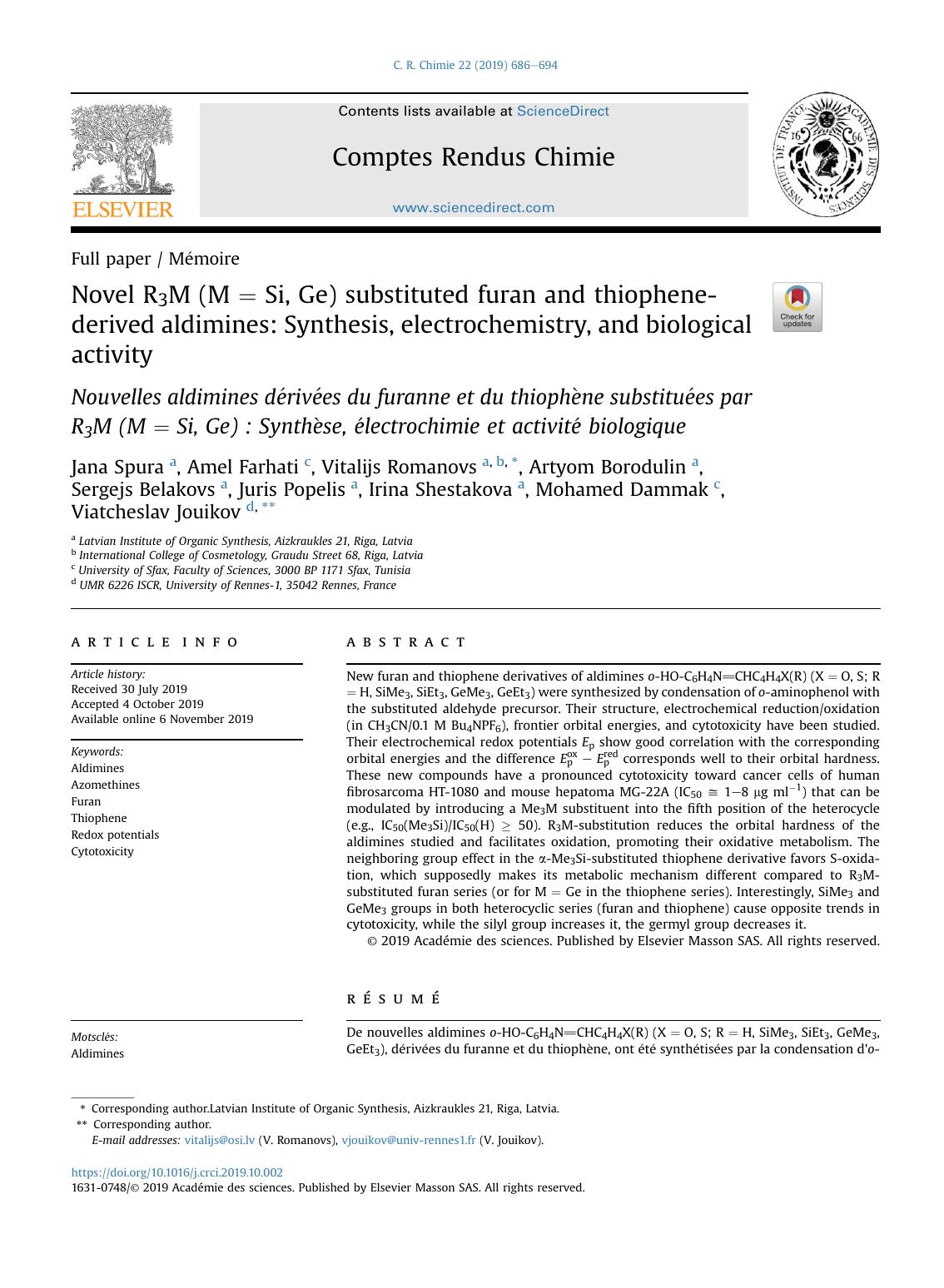 Novel R3M (M = Si, Ge) substituted furan and thiophene-derived aldimines: Synthesis, electrochemistry, and biological activity by unknow